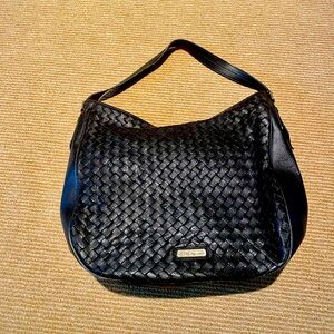 Black leather woven shoulder bag